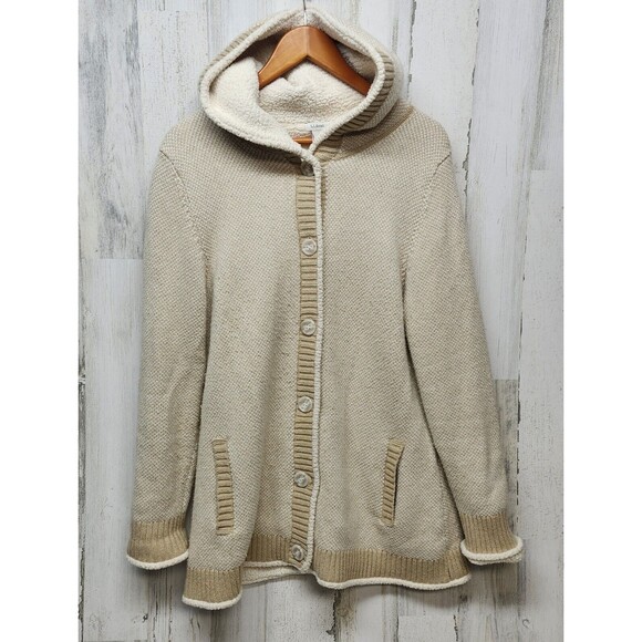 L.L Bean Sweater Women L Beige Sherpa Wool Blend Loungewear Cabincore Cozy - Picture 1 of 12